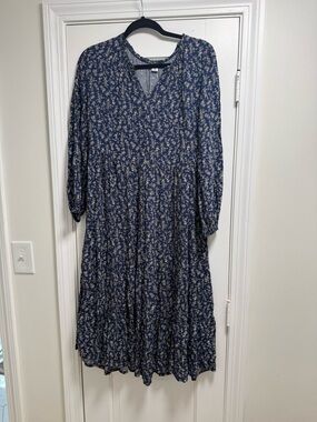 Blue Floral Long Sleeve Midi Dress